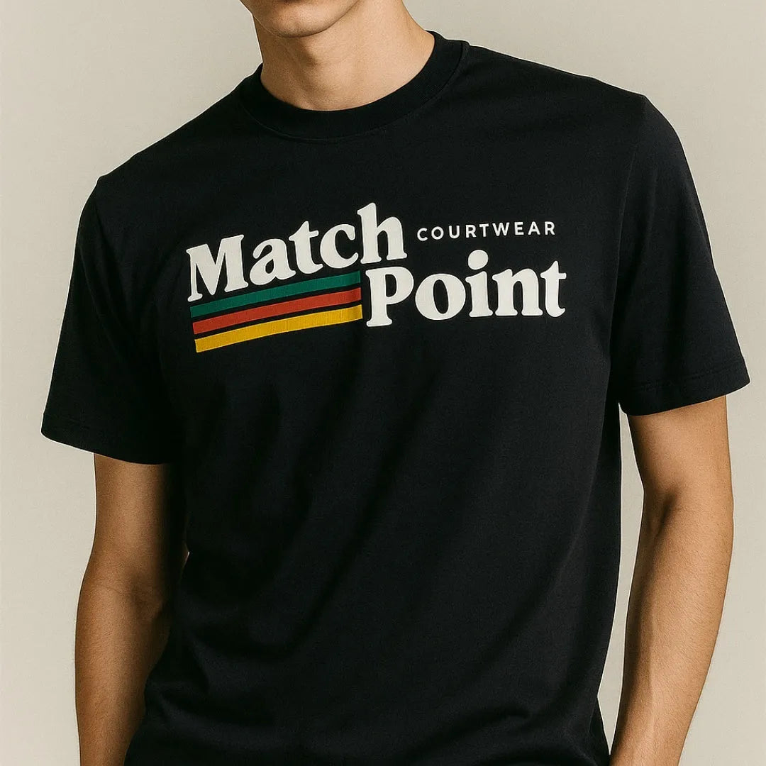 Black men's casual T-shirt with a 3D digital printed text pattern on the front.