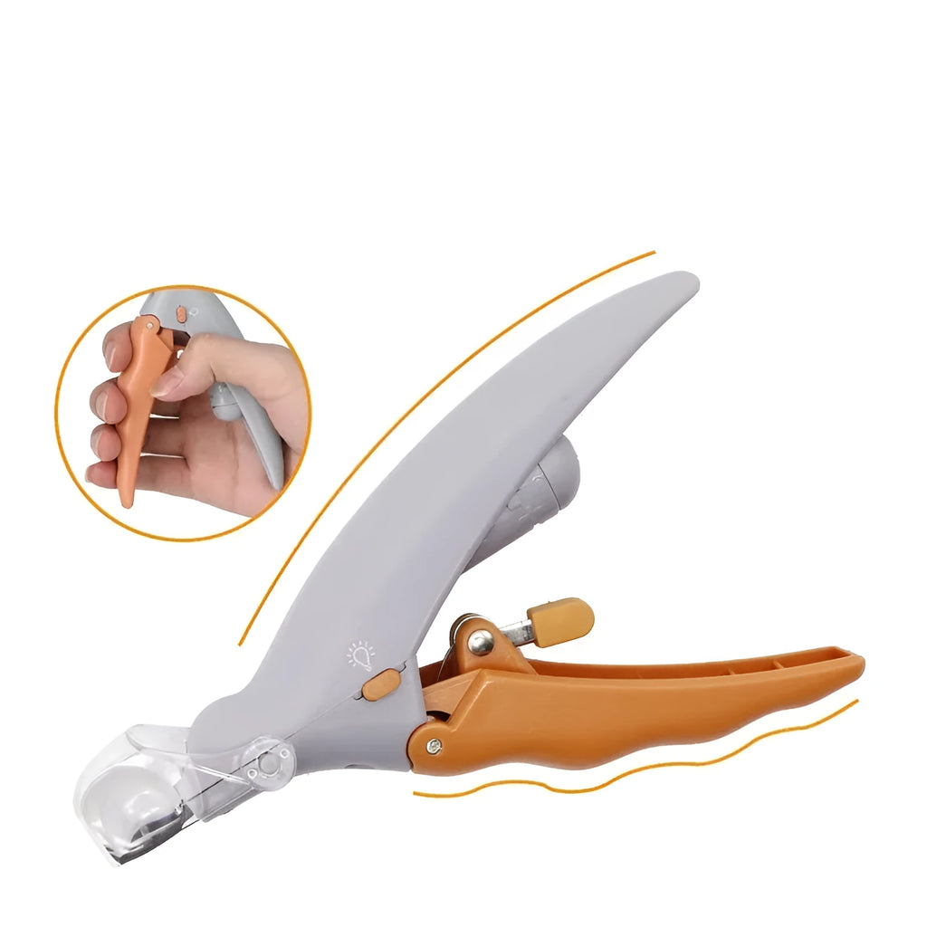 Yellow pet nail clipper with built-in LED light and magnifying glass for dog and cat grooming.