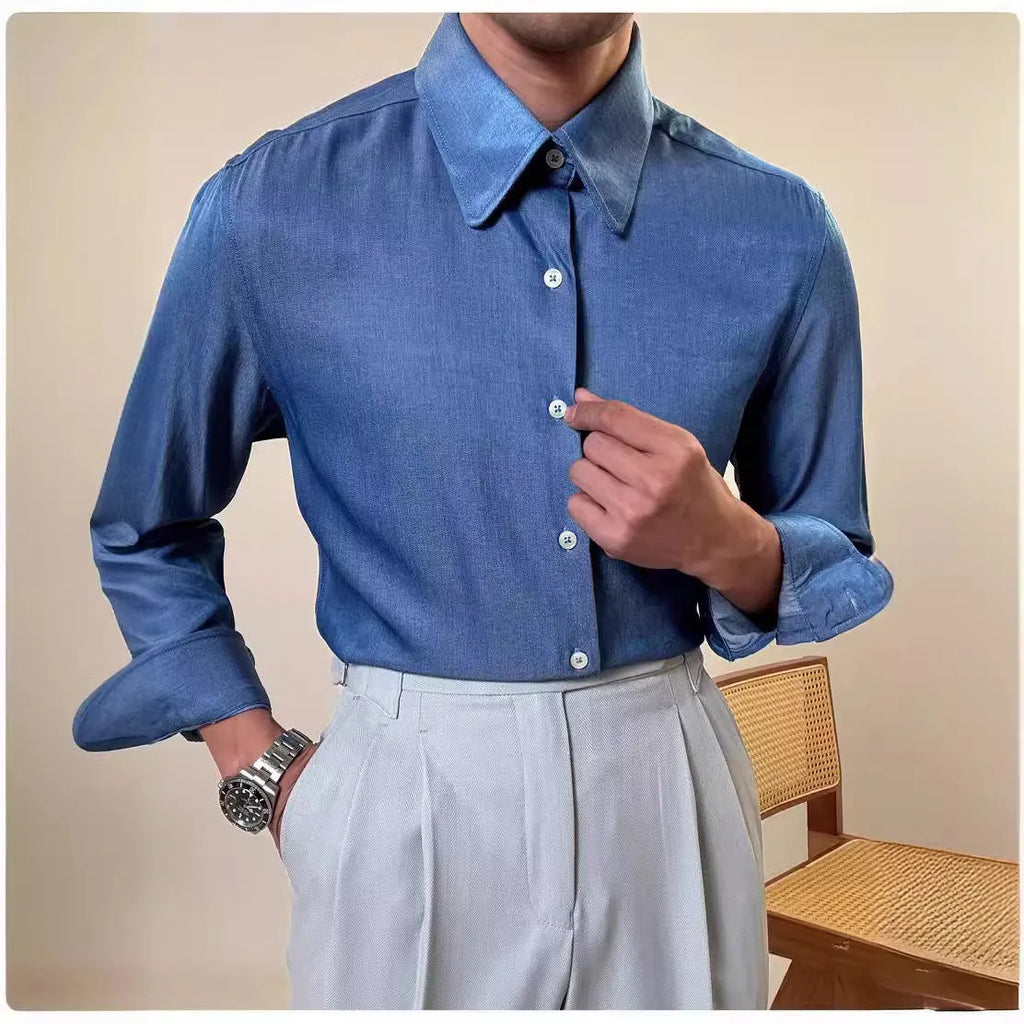 Men's blue slim fit long sleeve shirt with round collar business casual style