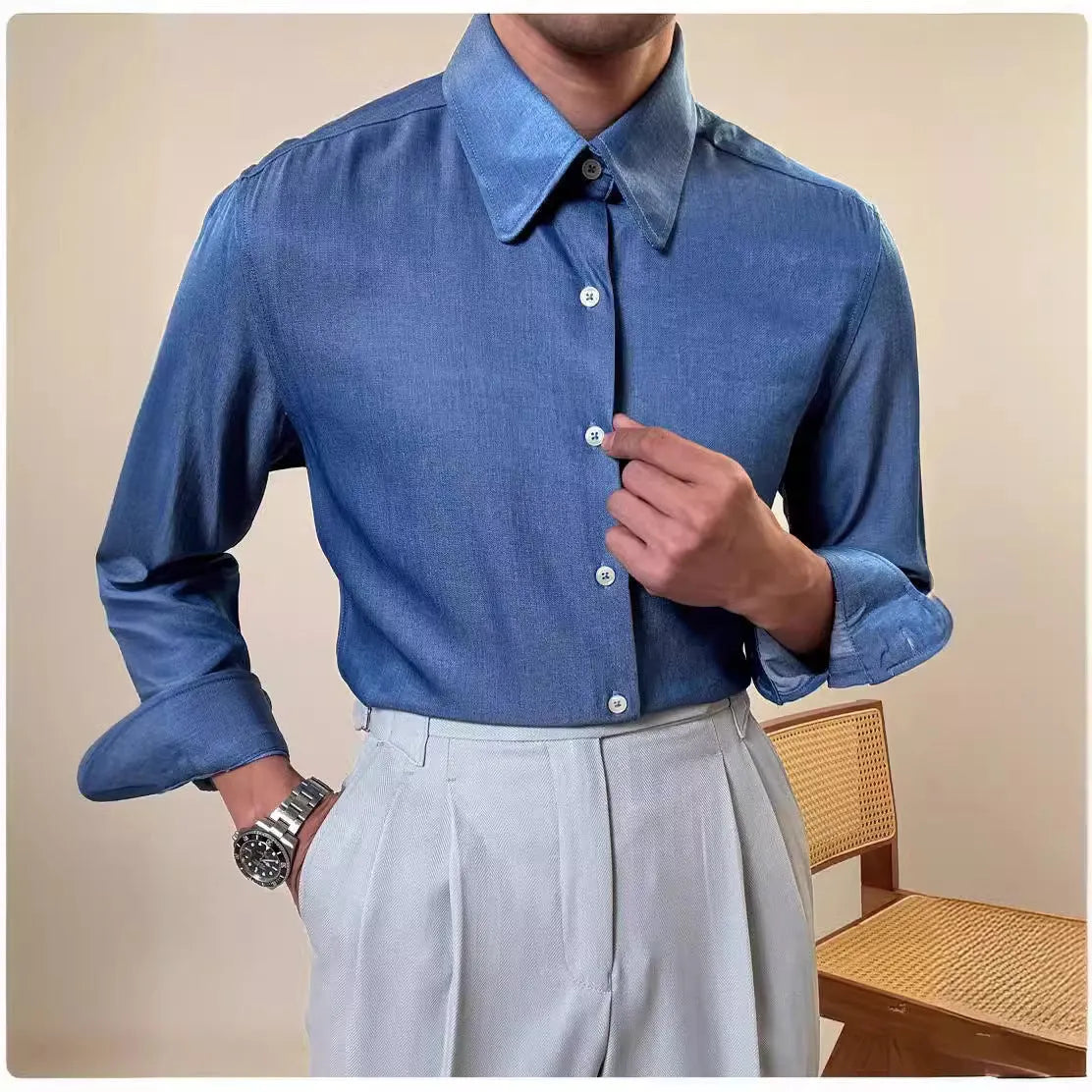 Men's blue slim fit long sleeve shirt with round collar business casual style