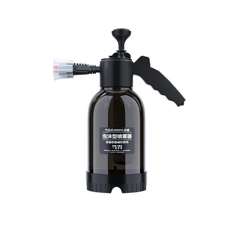 Black hand-held 2 litre foam sprayer with two nozzles for car washing and plant watering