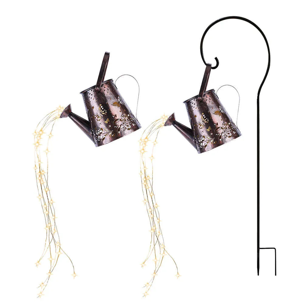 Solar-powered iron garden lamp with a tapered butterfly design emitting warm white LED light.