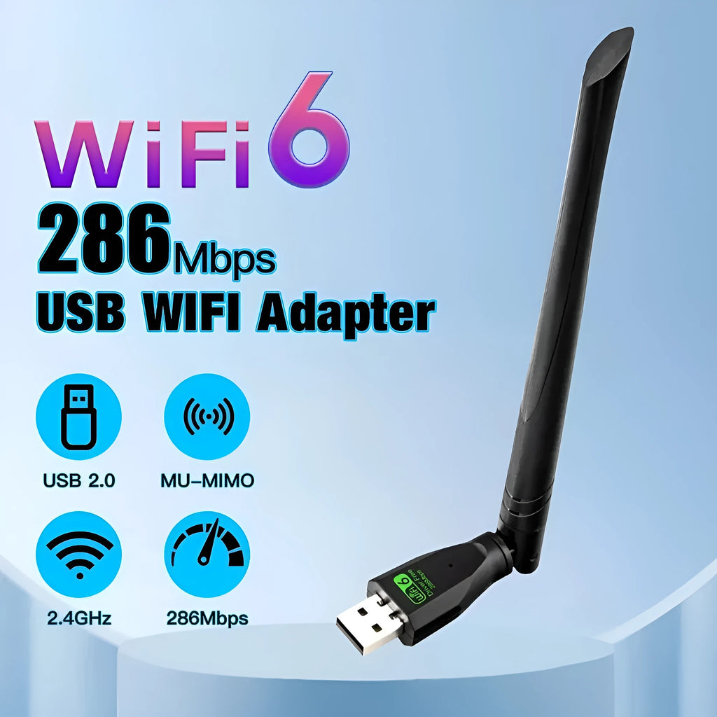 Black USB WiFi6 wireless network card with approximately 11cm length for desktop computer connectivity