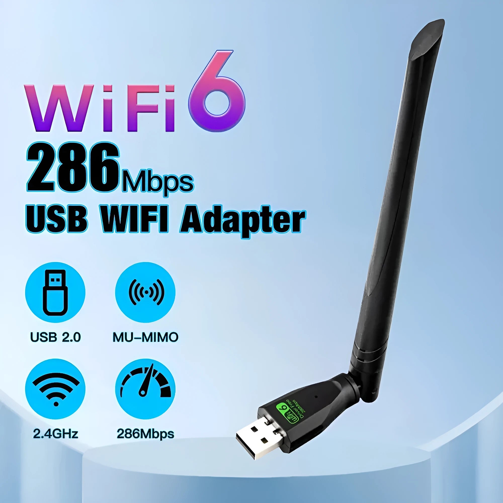Black USB WiFi6 wireless network card with approximately 11cm length for desktop computer connectivity