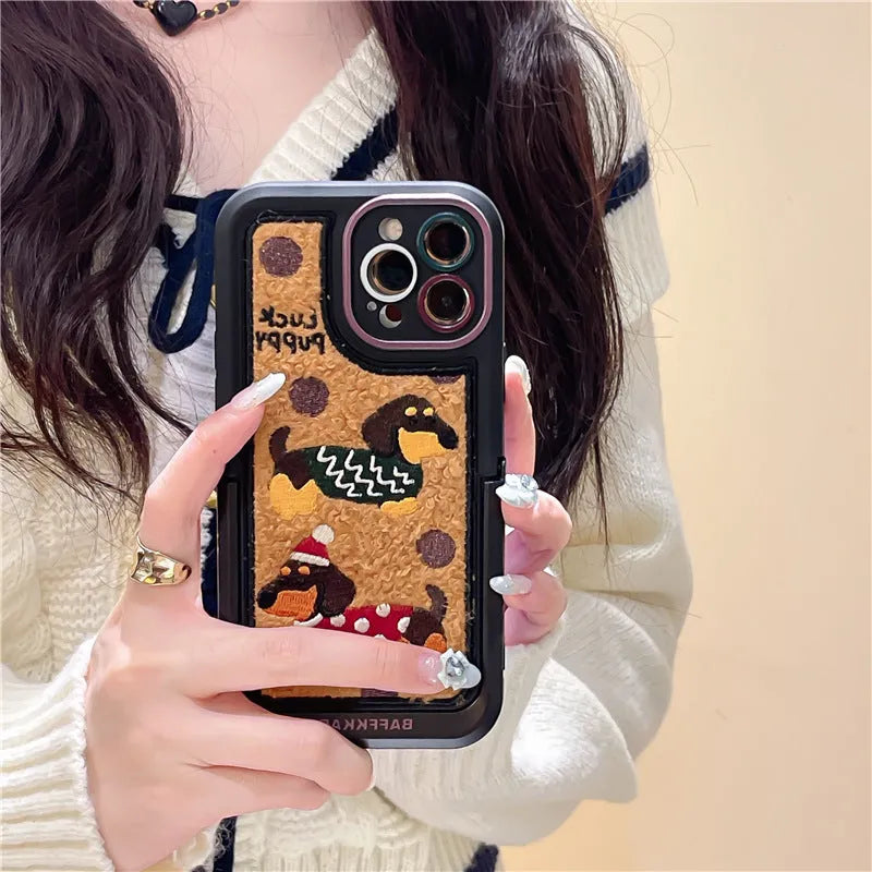 Sausage dog cartoon TPU phone case with brown bottom and sweater embroidery for iPhone