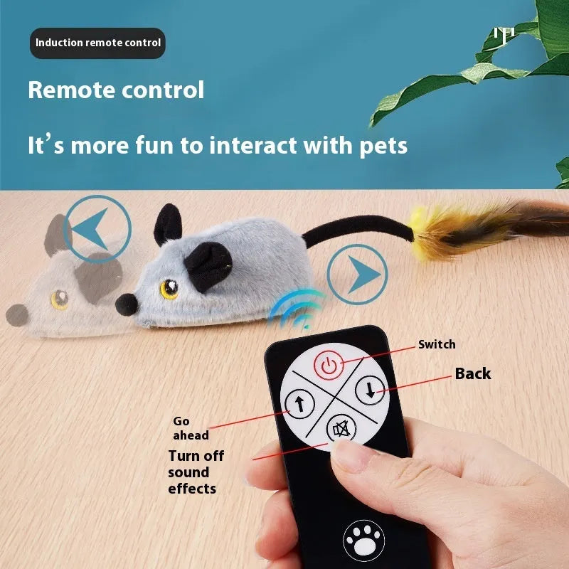 Grey plush electric mouse cat toy with remote control on wooden floor