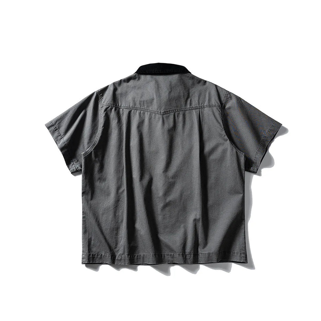Men's washed cotton overalls shirt with short sleeves in loose cardigan style