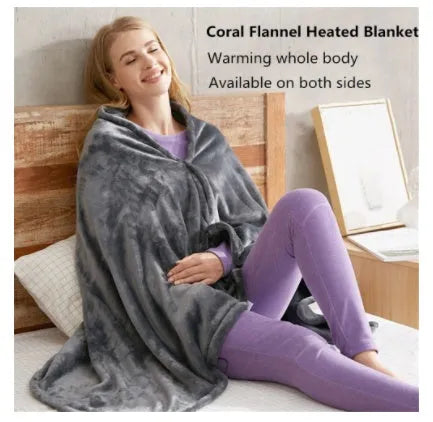 Dark grey USB-powered coral fleece electric heated blanket showing control button and cable.