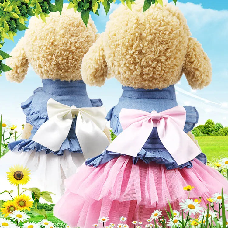 Korean-inspired pink denim pet skirt with a large bow on a dog model.