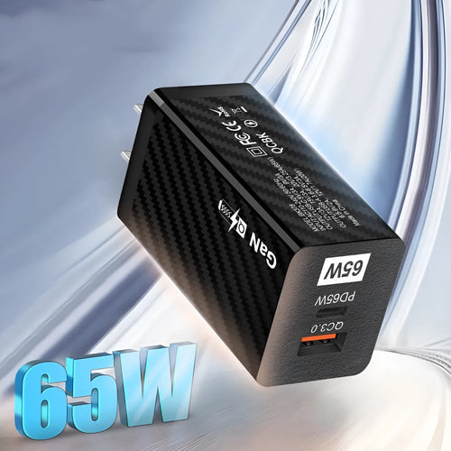 65W GaN universal laptop charger with UK, US, and EU plug heads in black or white