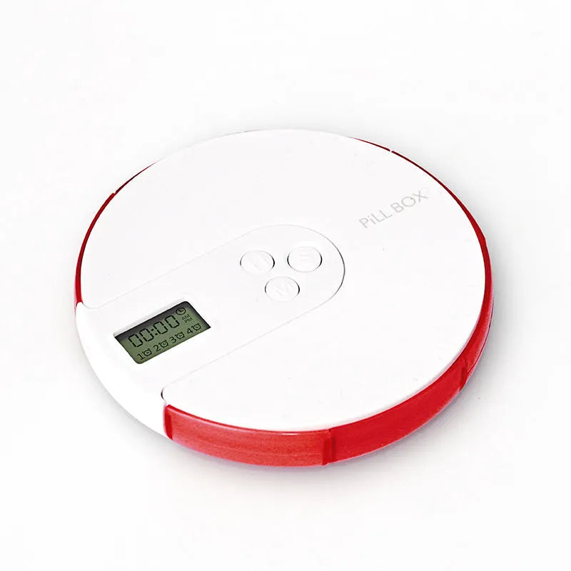Blue 7-day pill organiser with digital alarm clock display and timer buttons