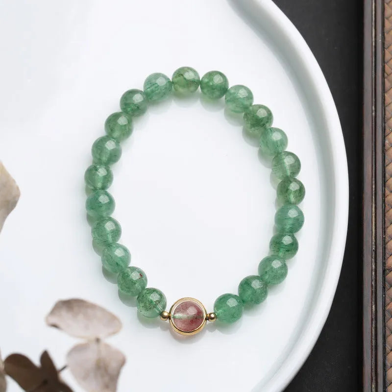 Green strawberry quartz hand-woven bracelet with 7.5mm stones and geometric Chinese patterns