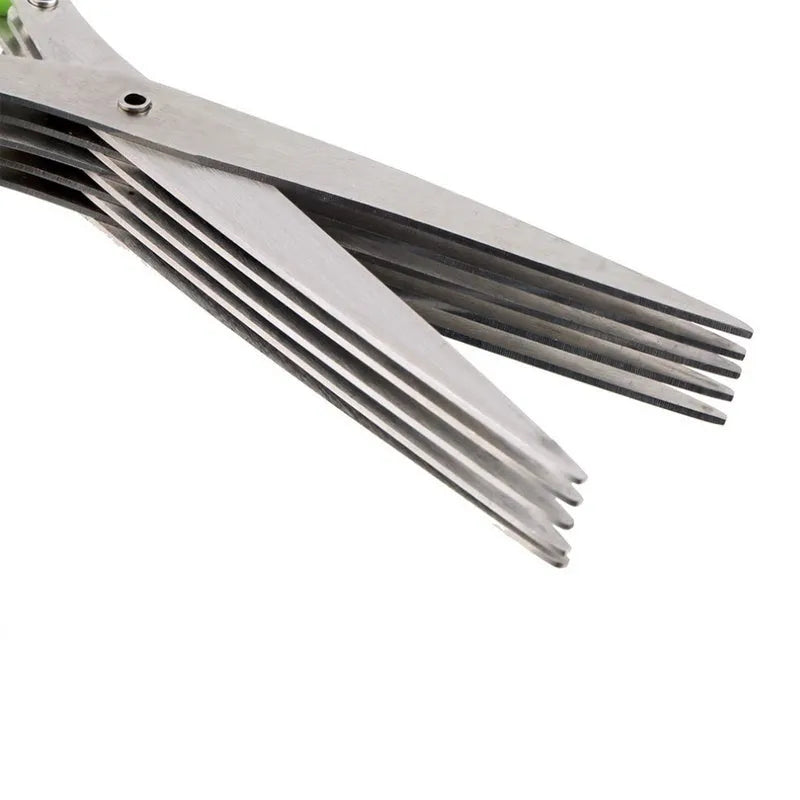 Stainless steel multi-layer herb scissors with green handles for chopping green onions and seaweed.