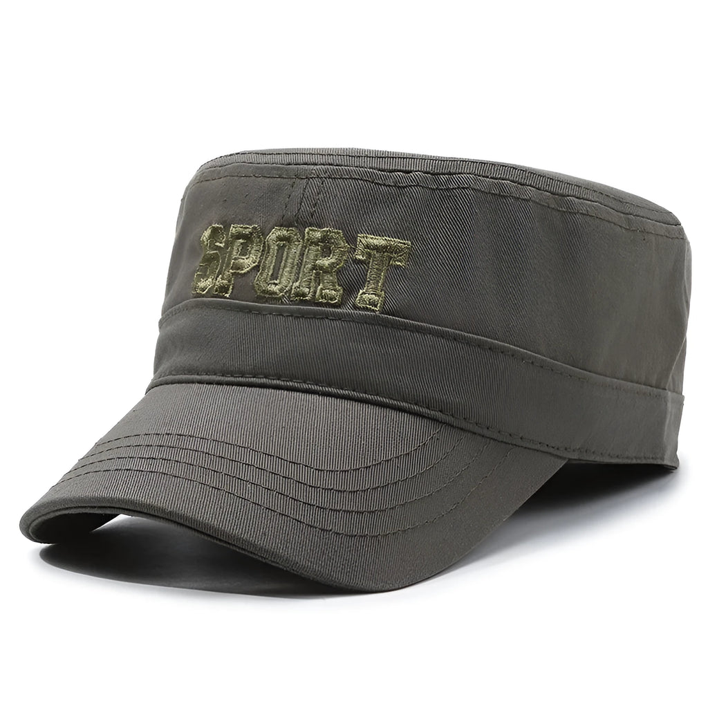 Men's adjustable cotton flat-top peaked cap in army green with dome crown and letter detail.