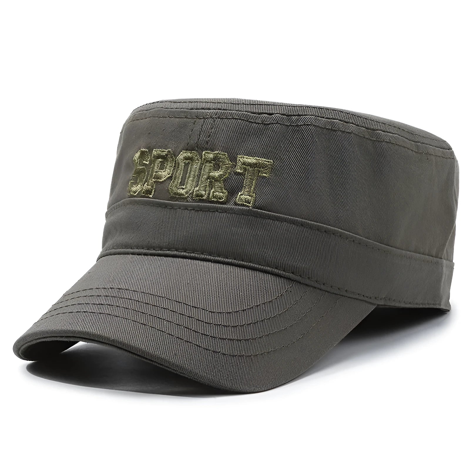 Men's adjustable cotton flat-top peaked cap in army green with dome crown and letter detail.