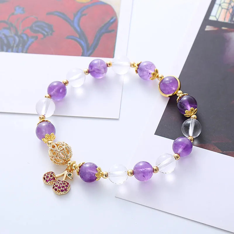 Purple crystal bracelet with a micro-inlaid cherry flower design, sweet style for women.