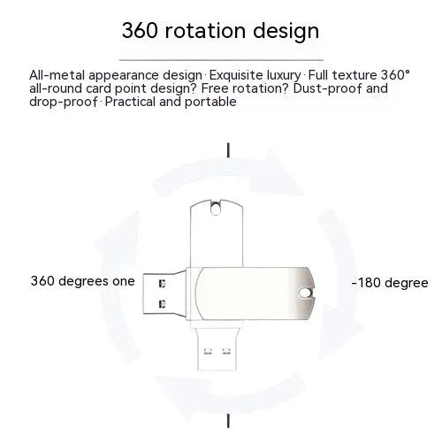 Small white metal rotating USB flash drive showing dimensions and connector