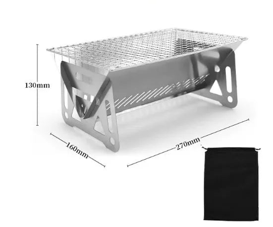 Folding stainless steel outdoor barbecue oven with large grill rack and storage bag.