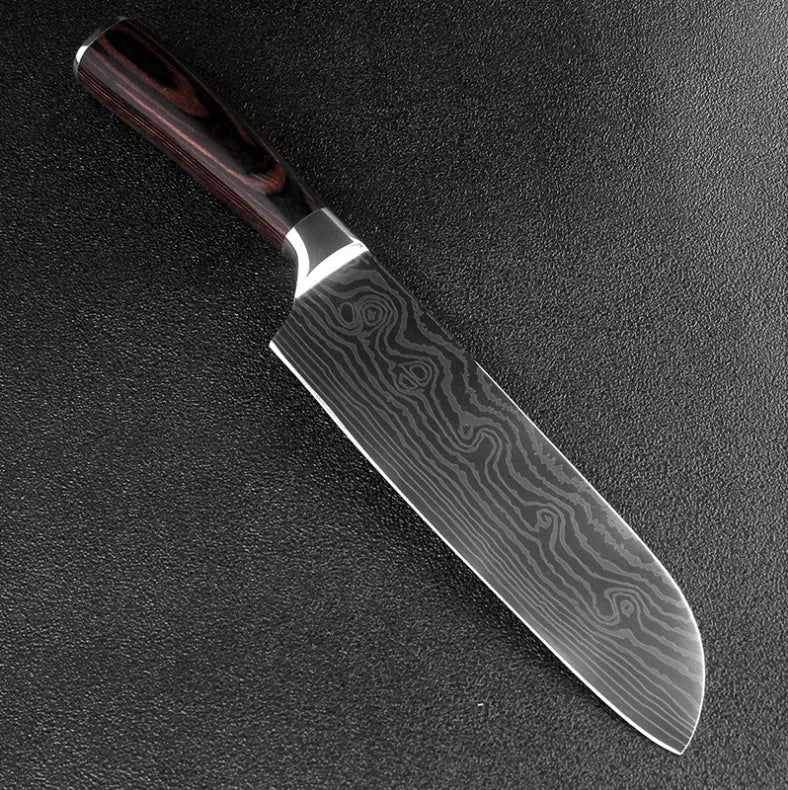 7Cr17 stainless steel kitchen knife with coloured wood handle and Damascus pattern blade on a black gift box.