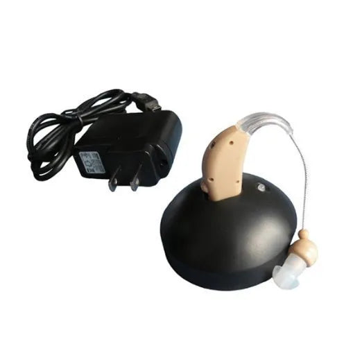 U-Kiss rechargeable behind-the-ear digital hearing aid amplifier with EU and US plug options.