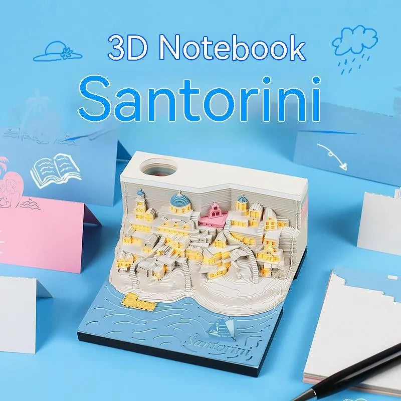 Santorini beach 3D paper carving notepad measuring 9x9x5 cm