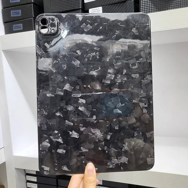 Carbon fibre hard protective case for iPad Pro 11 showing forged surface texture