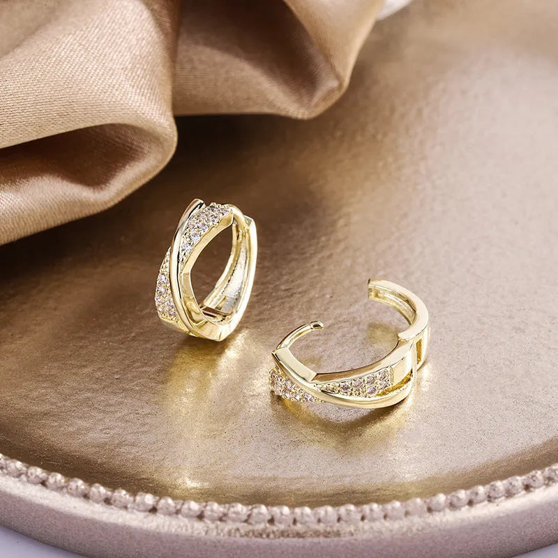 Copper geometric drop earrings with zircon stones and 14K yellow gold coloured finish