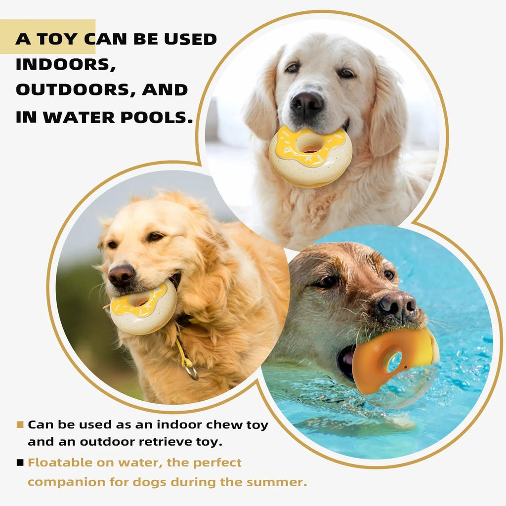 Pink TPR donut-shaped dog toy with textured surface for molar cleaning, shown next to yellow and chocolate colour options.