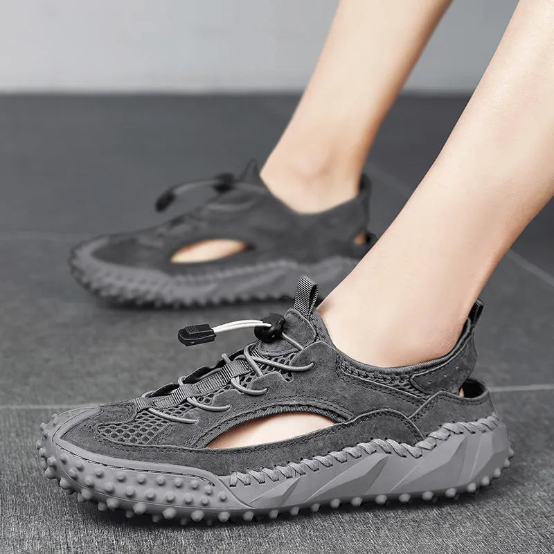 Men's black waterproof sports sandals with leather mesh upper and elastic band fastening