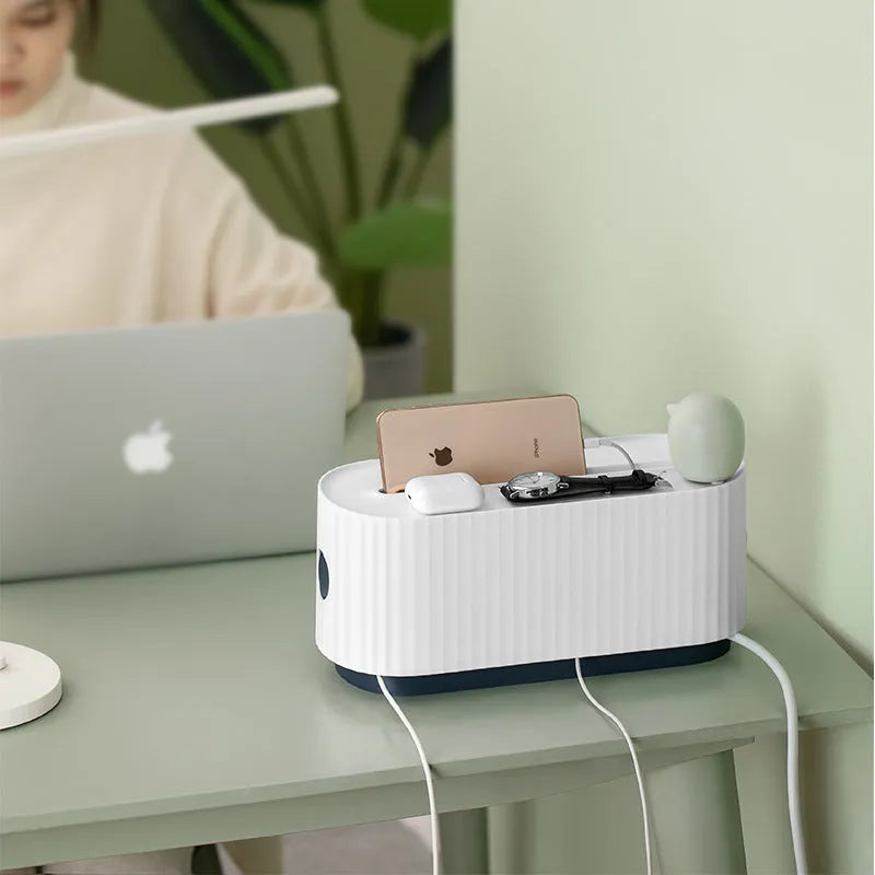 Blue HIPS power strip storage box with double-buckle lid and phone slot on a desk, 331x143x141mm