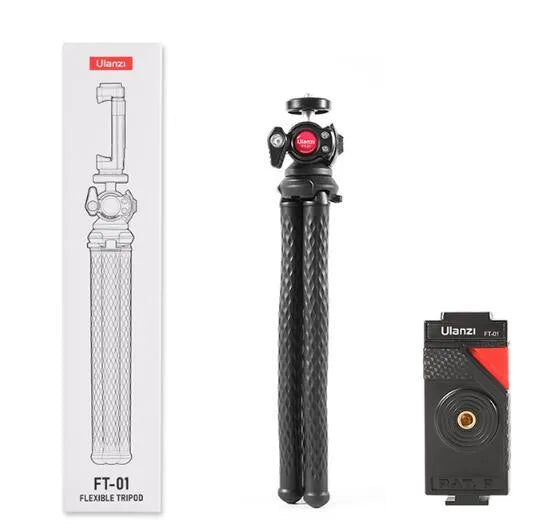 Black octopus-style flexible tripod and phone clip set on a white background.