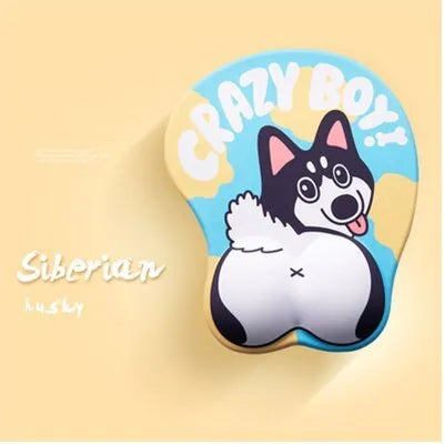 3D corgi design mouse pad with wrist support cushion showing blue colour option on desktop