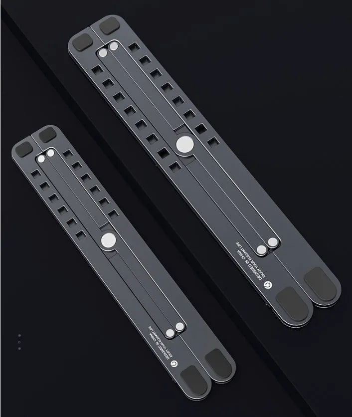 Foldable aluminium laptop stand in silver, shown open for use and folded for storage.