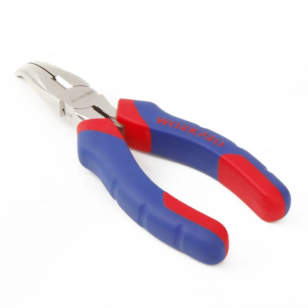 Blue and black handled curved nose pliers with fine 5mm tips, 160mm long.