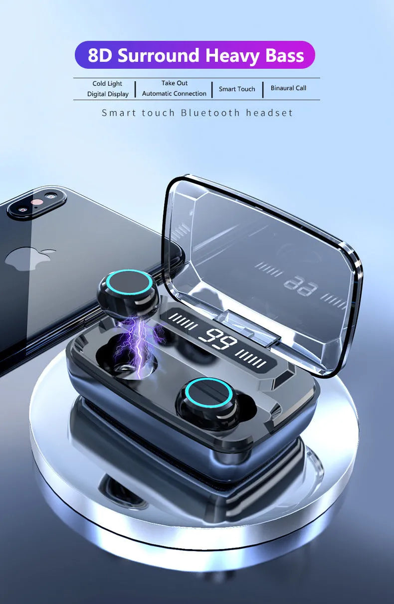 Black M11 Bluetooth wireless headset with digital display and integrated mobile phone holder.