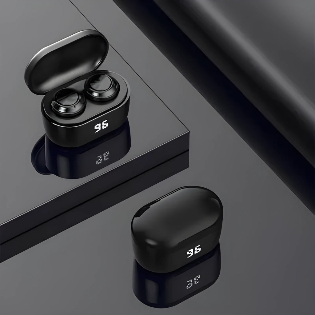 Black stereo Bluetooth headset showing earplug design.