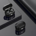 Black stereo Bluetooth headset showing earplug design.
