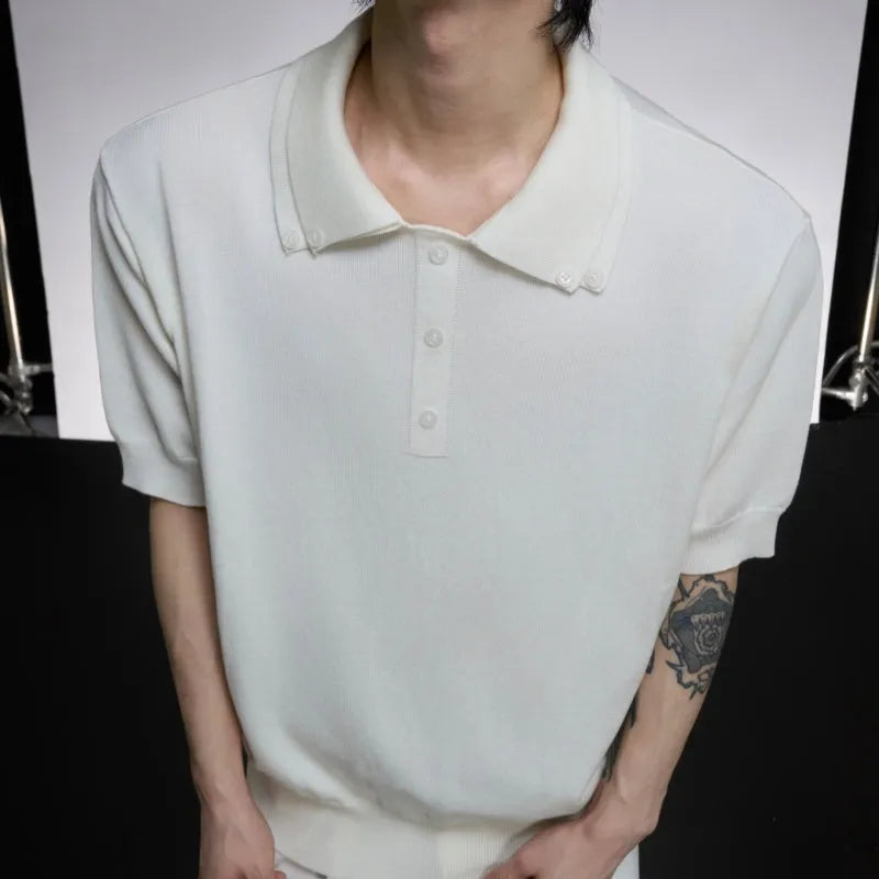 Men's loose fit short sleeve shirt with double collar lapel design in polyester knit fabric