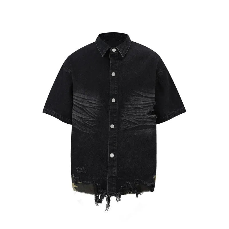 Women's leopard print denim short sleeve top and matching shorts with cut edge stitching.