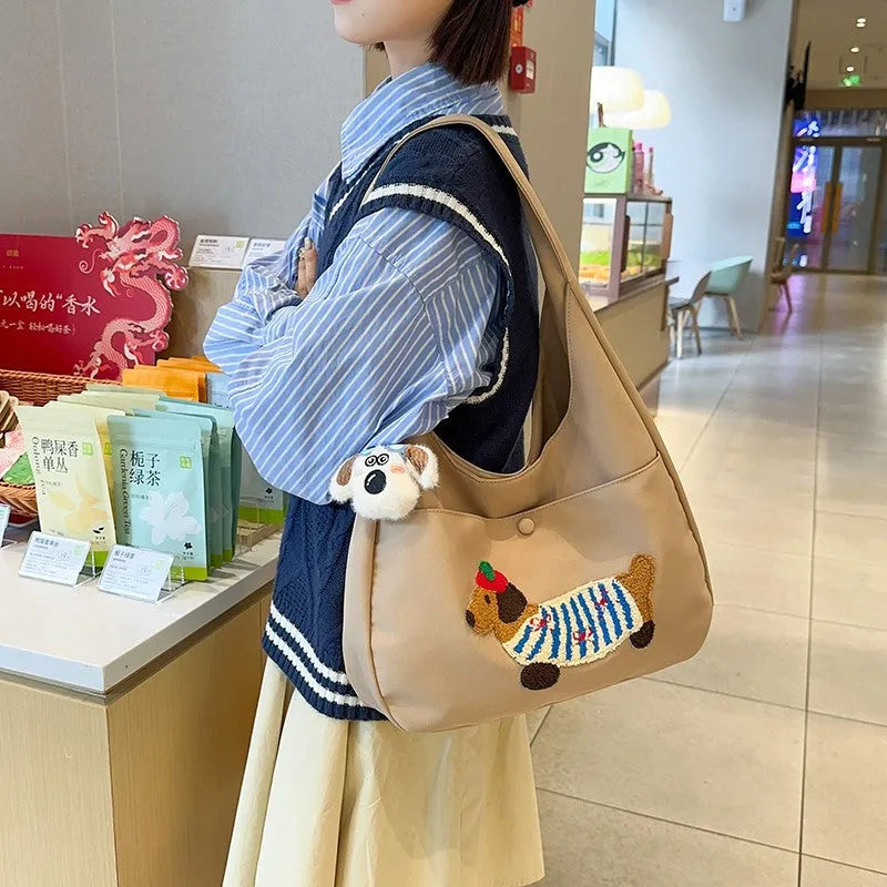 Japanese style large capacity sausage dog nylon shopping bag in black, blue, brown, khaki, and white