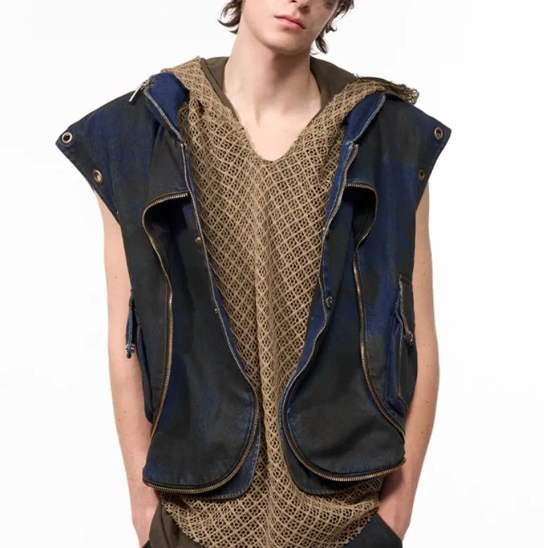 Korean style blue hooded denim vest coat and trousers set with heavy industry deconstructs design