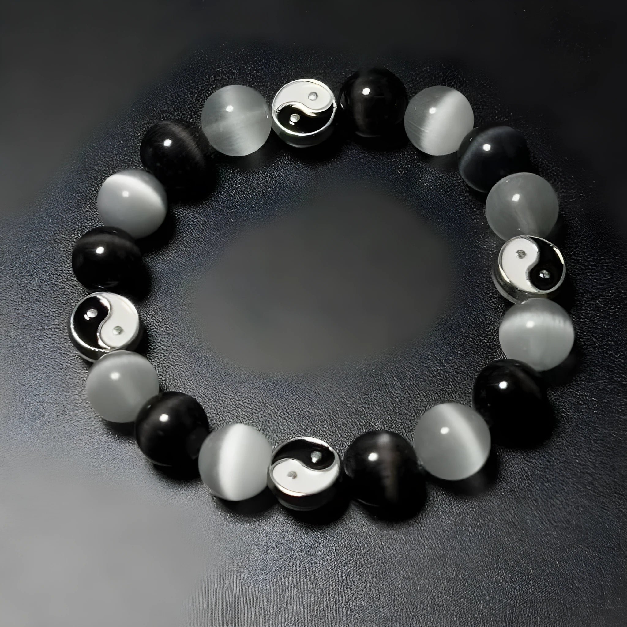 Natural stone Tai Chi bracelet with 10mm polished opal and black agate beads, unisex design