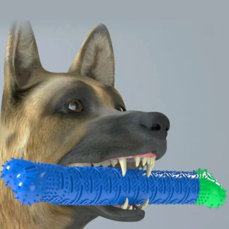 Blue dog dental cleaning stick with serrated brush head and gum massage nodules