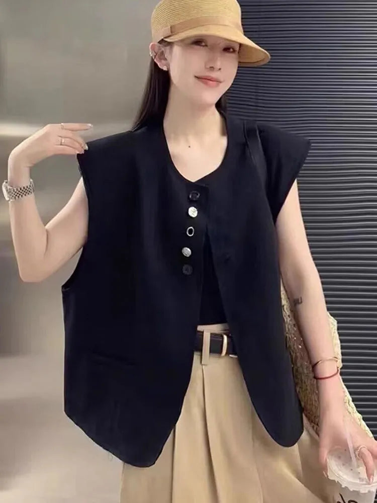 Women's loose-fit short polyester vest in milky white with a pocket, shown on a hanger.