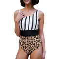 Women's leopard print one-piece swimsuit with asymmetric collar and high-waist brief style.