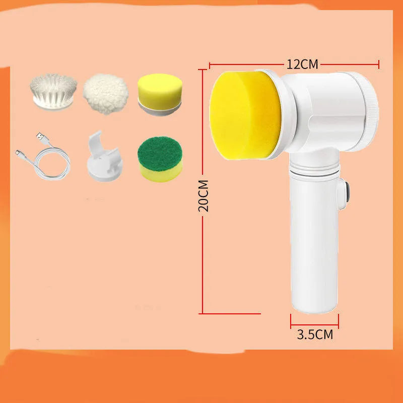 Rechargeable electric dishwashing brush with multiple replaceable brush heads and storage hook