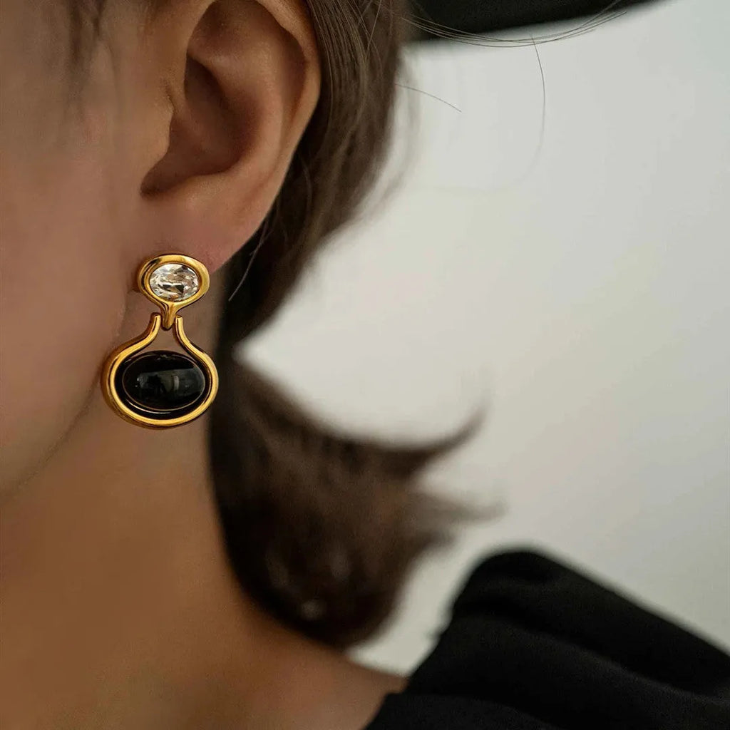 18k gold-plated brass earrings with black onyx and diamond accents, geometric shape, 28mm by 18.5mm, gold colour