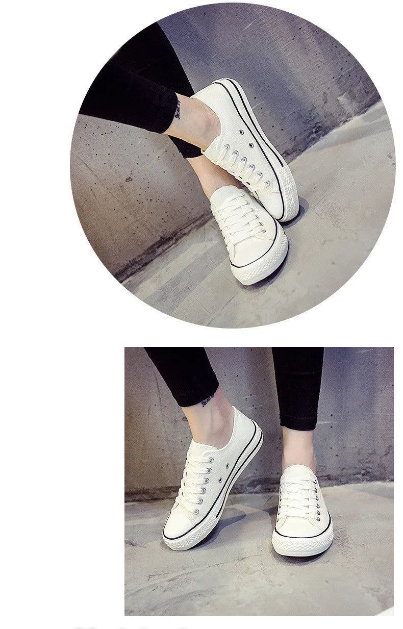 Women's solid colour canvas casual shoes in black, white black, white red, and all black colourways