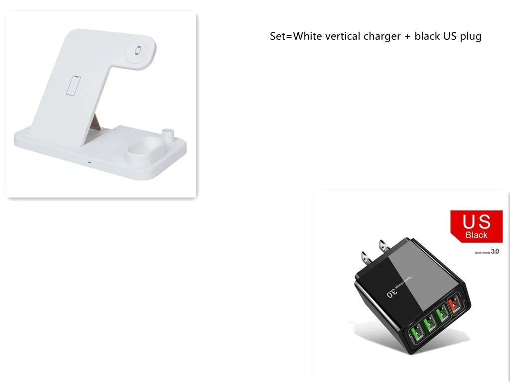 White 4-in-1 wireless charging station with phone on adjustable stand, Apple Watch, AirPods and Apple Pencil charging.