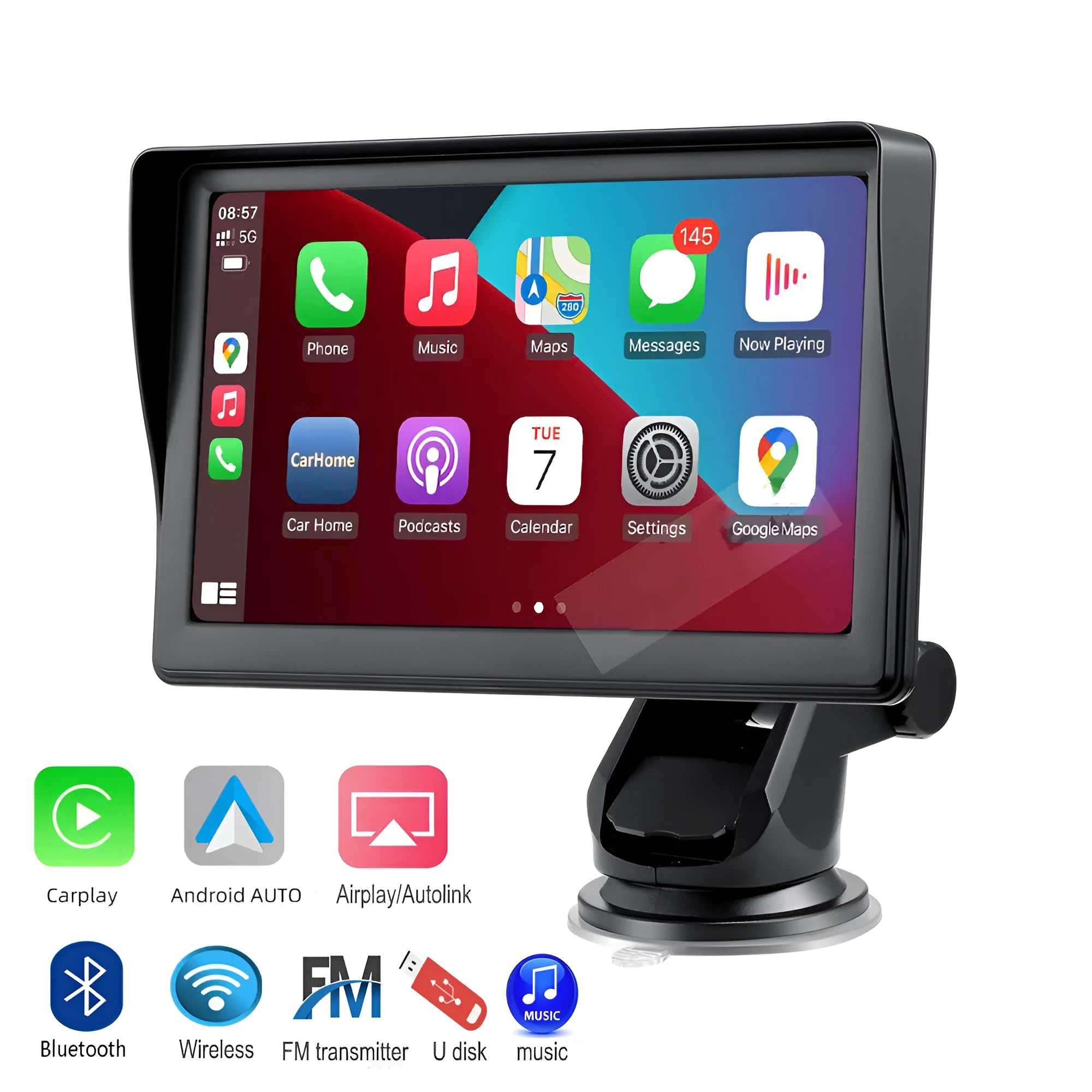 7-inch portable car smart display with wireless Carplay mounted on windshield